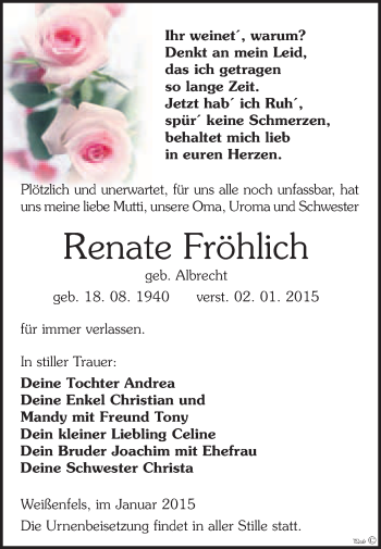 Traueranzeige von Renate Fröhlich von WVG - Wochenspiegel NMB / WSF / ZTZ