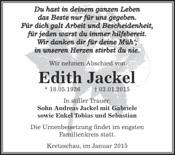 Traueranzeige von Edith Jackel von Super Sonntag Zeitz