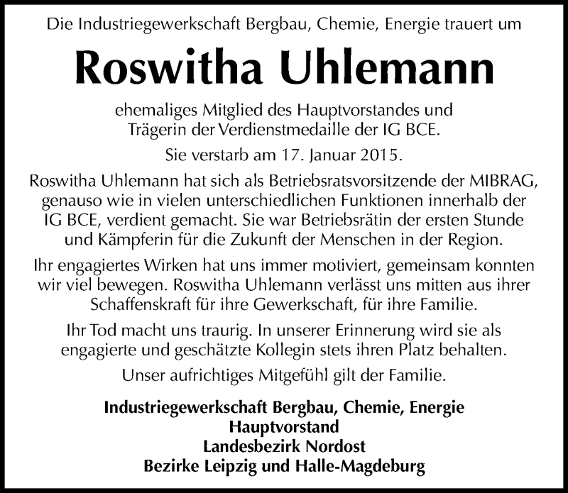  Traueranzeige für Roswitha Uhlemann vom 29.01.2015 aus Mitteldeutsche Zeitung