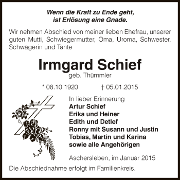 Traueranzeige von Irmgard Schief von Super Sonntag Aschersleben