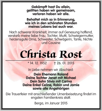 Traueranzeige von Christa Rost von Mitteldeutsche Zeitung Sangerhausen