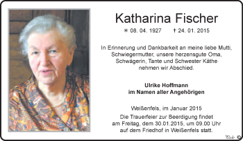 Traueranzeige von Katharina Fischer von WVG - Wochenspiegel NMB / WSF / ZTZ