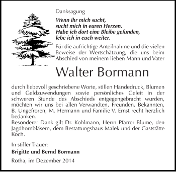 Traueranzeige von Walter Bormann von Mitteldeutsche Zeitung Sangerhausen
