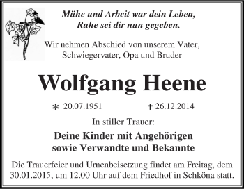 Traueranzeige von Wolfgang Heene von WVG - Wochenspiegel Dessau / Köthen