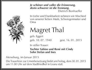 Traueranzeige von Magret Thal von Mitteldeutsche Zeitung Merseburg/Querfurt