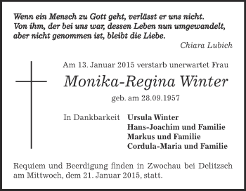 Traueranzeige von Monika-Regina Winter von Super Sonntag Zeitz