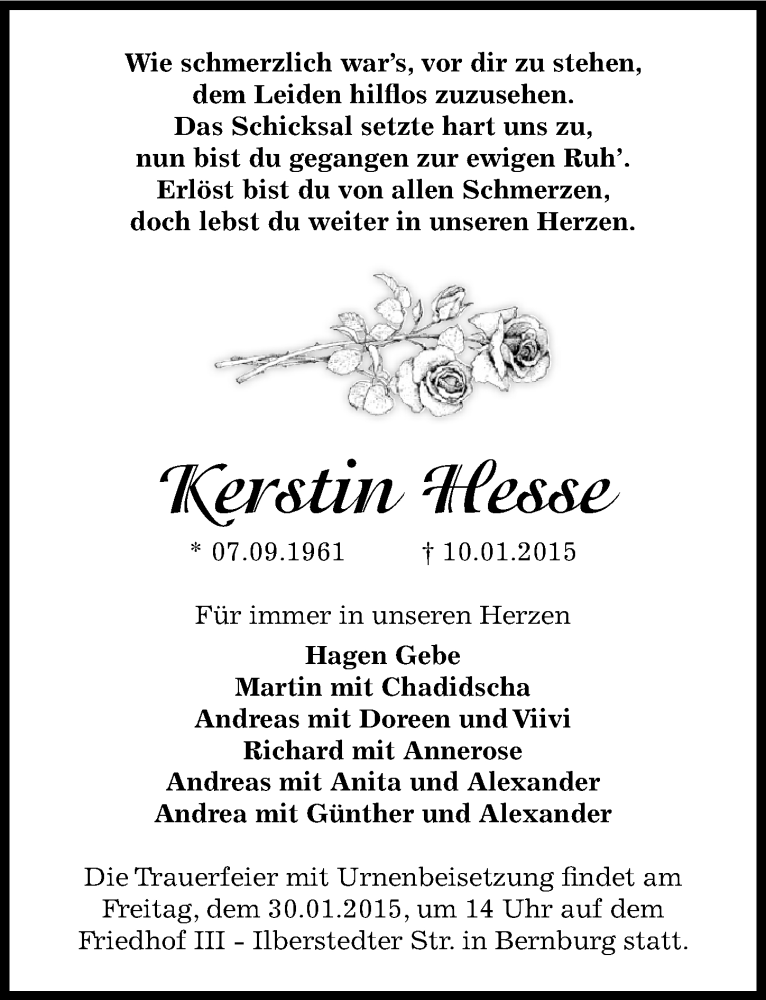  Traueranzeige für Kerstin Hesse vom 17.01.2015 aus Mitteldeutsche Zeitung Sangerhausen