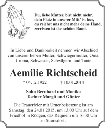 Traueranzeige von Aemilie Richtscheid von WVG - Wochenspiegel Bitterfeld
