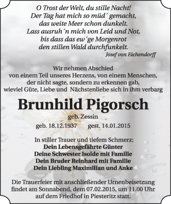 Traueranzeige von Brunhild Pigorsch von Mitteldeutsche Zeitung Wittenberg