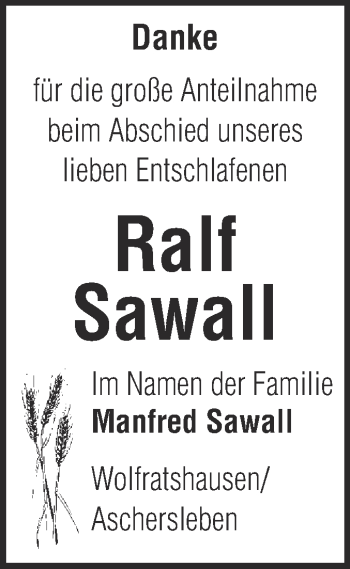 Traueranzeige von Ralf Sawall von Super Sonntag Aschersleben