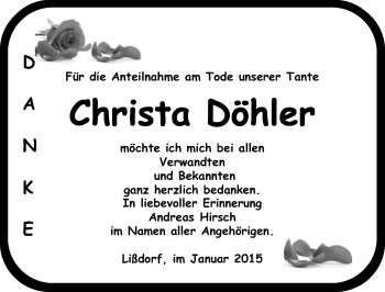Traueranzeige von Christa Döhler von Mitteldeutsche Zeitung Naumburg/Nebra