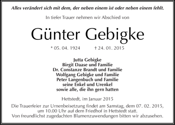 Traueranzeige von Günter Gebigke von Mitteldeutsche Zeitung Mansfelder Land