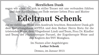 Traueranzeige von Edeltraut Schenk von WVG - Wochenspiegel Dessau / Köthen