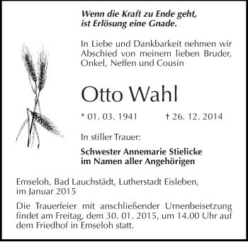 Traueranzeige von Otto Wahl von Mitteldeutsche Zeitung Sangerhausen