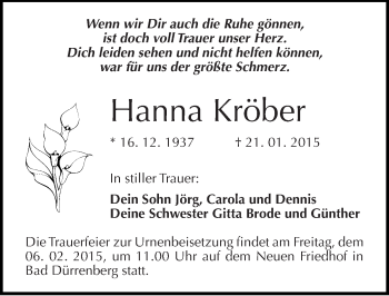 Traueranzeige von Hanna Kröber von Mitteldeutsche Zeitung Merseburg/Querfurt
