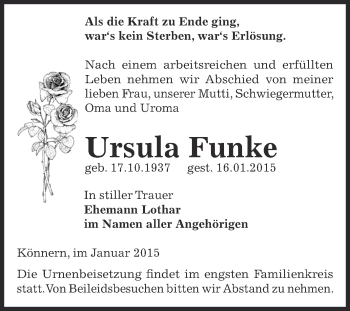 Traueranzeige von Ursula Funke von Super Sonntag Bernburg