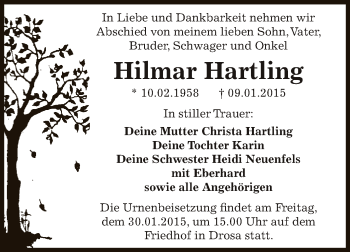 Traueranzeige von Hilmar Hartling von WVG - Wochenspiegel Dessau / Köthen