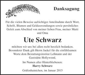 Traueranzeige von Ute Schwarz von WVG - Wochenspiegel Wittenberg