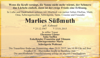 Traueranzeige von Marlies Süßmuth von Super Sonntag Bernburg