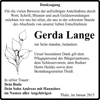 Traueranzeige von Gerda Lange von Super Sonntag Quedlinburg