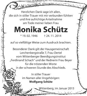 Traueranzeige von Monika Schütz von WVG - Wochenspiegel Wittenberg