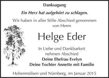 Traueranzeige von Helge Eder von WVG - Wochenspiegel NMB / WSF / ZTZ