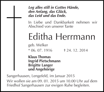 Traueranzeige von Editha Herrmann von Super Sonntag SGH Mansf. Land