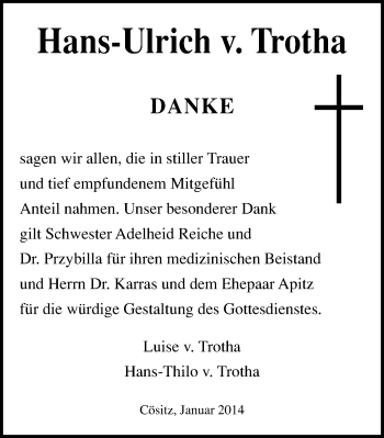 Traueranzeige von Hans-Ulrich von Trotha von Mitteldeutsche Zeitung Köthen