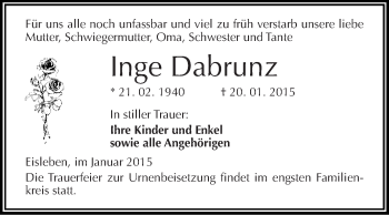 Traueranzeige von Inge Dabrunz von Wochenspiegel Mansfelder Land