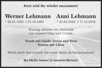 Traueranzeige von Anni Lehmann von WVG - Wochenspiegel Dessau / Köthen