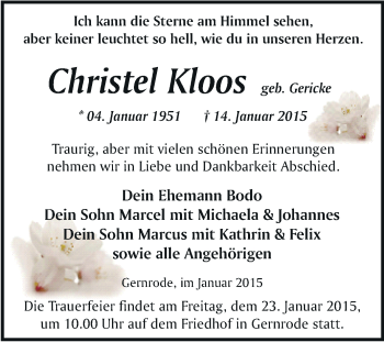 Traueranzeige von Christel Kloos von WVG - Wochenspiegel Quedlinburg