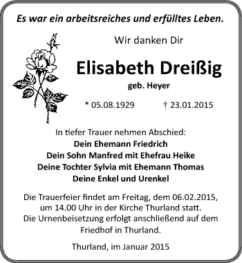 Traueranzeige von Elisabeth Dreißig von Mitteldeutsche Zeitung Bitterfeld