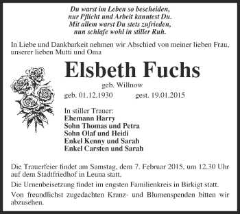 Traueranzeige von Elsbeth Fuchs von WVG - Wochenspiegel Merseburg