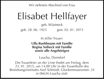 Traueranzeige von Elisabet Hellfayer von Mitteldeutsche Zeitung Naumburg/Nebra