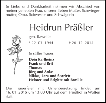 Traueranzeige von Heidrun Präßler von Mitteldeutsche Zeitung Bitterfeld
