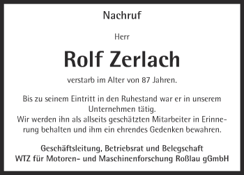 Traueranzeige von Rolf Zerlach von WVG - Wochenspiegel Dessau / Köthen