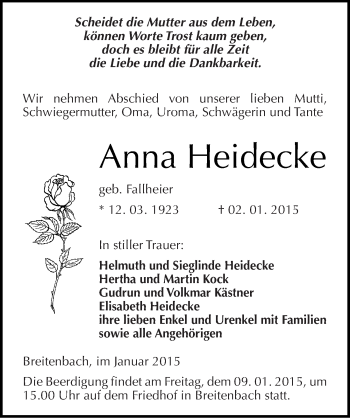 Traueranzeige von Anna Heidecke von Mitteldeutsche Zeitung Sangerhausen