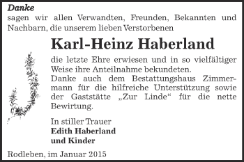 Traueranzeige von Karl-Heinz Haberland von WVG - Wochenspiegel Dessau / Köthen