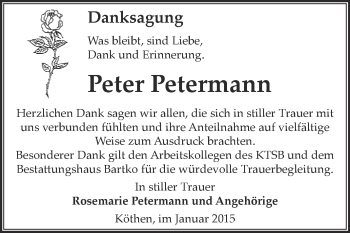 Traueranzeige von Peter Petermann von WVG - Wochenspiegel Dessau / Köthen