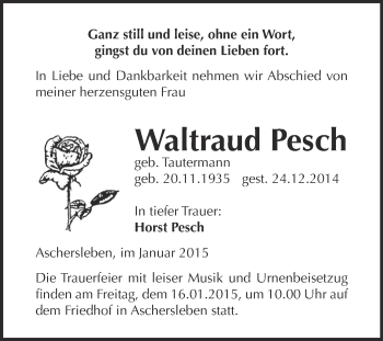 Traueranzeige von Waltraud Pesch von Super Sonntag Aschersleben