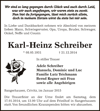 Traueranzeige von Karl-Heinz Schreiber von WVG - Wochenspiegel SGH
