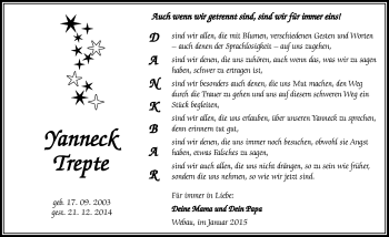 Traueranzeige von Yanneck Trepte von Mitteldeutsche Zeitung Weißenfels