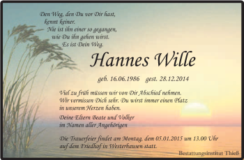 Traueranzeige von Hannes Wille von Super Sonntag Quedlinburg