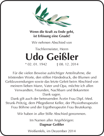 Traueranzeige von Udo Geißler von Mitteldeutsche Zeitung Weißenfels