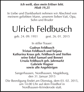 Traueranzeige von Ulrich Feldbusch von Mitteldeutsche Zeitung Sangerhausen