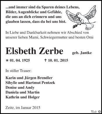 Traueranzeige von Elsbeth Zerbe von Super Sonntag Zeitz