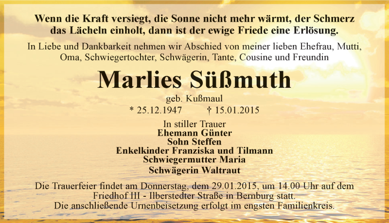  Traueranzeige für Marlies Süßmuth vom 23.01.2015 aus Mitteldeutsche Zeitung Bernburg
