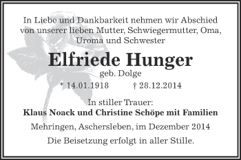 Traueranzeige von Elfriede Hunger von Super Sonntag Aschersleben