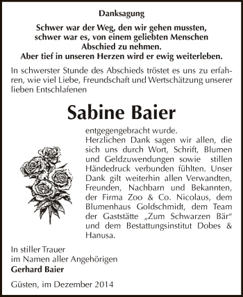 Traueranzeige von Sabine Baier von Super Sonntag Bernburg