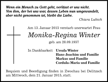 Traueranzeige von Monika-Regina Winter von Mitteldeutsche Zeitung Zeitz